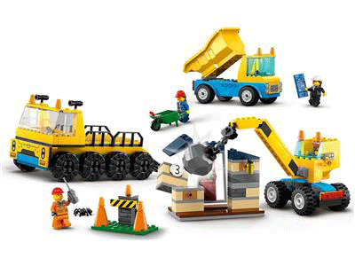 Construction Trucks and Wrecking Ball Crane