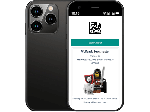 Smart Phone with LEGO Collectible Minifigure Scanner app on screen